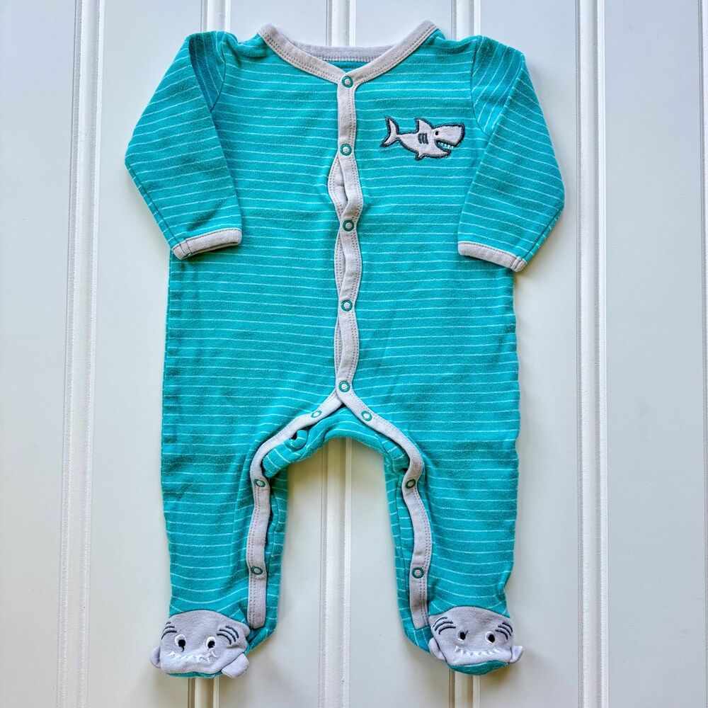 4/$10 - Small Wonders Shark Cotton Button Up Baby Footie | 3-6 Months